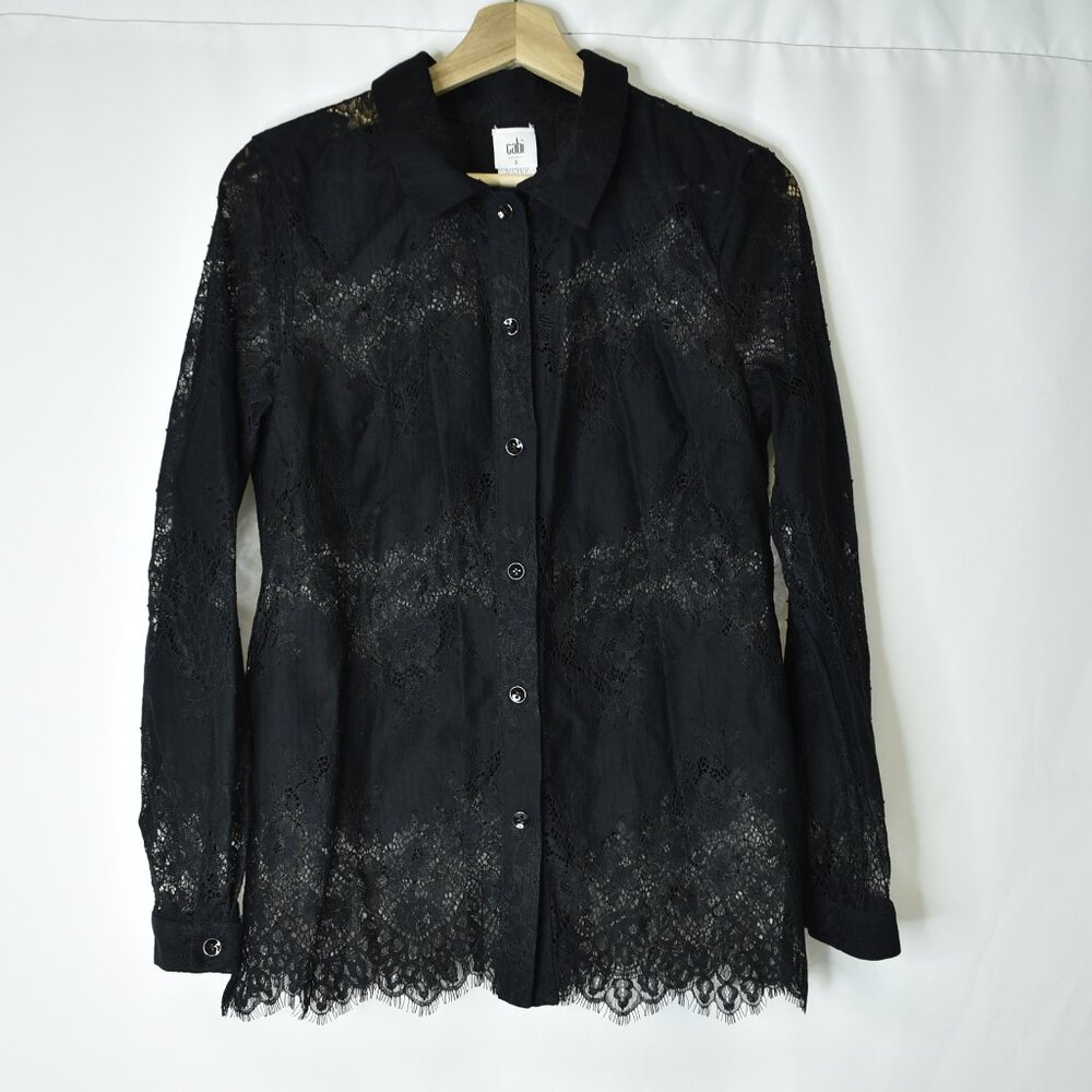 Cabi Women's Top St Regis Blouse Lace Button Up Black Long Sleeve 3758